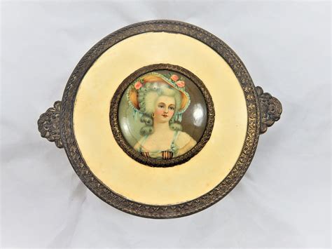 pncw metal brass trinket box with victorian lady|VINTAGE 1930S PNCW BRASS METAL VANITY POWDER .